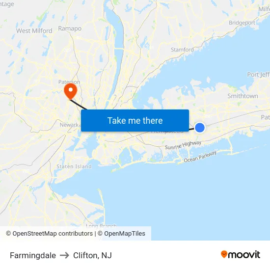 Farmingdale to Clifton, NJ map