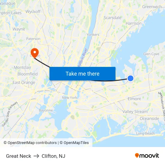 Great Neck to Clifton, NJ map