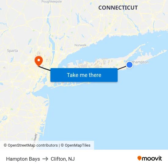Hampton Bays to Clifton, NJ map