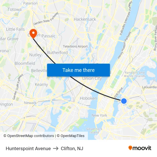 Hunterspoint Avenue to Clifton, NJ map
