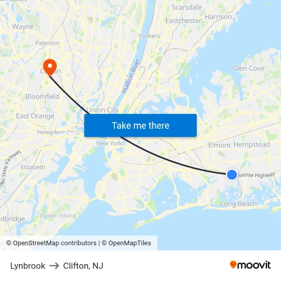 Lynbrook to Clifton, NJ map