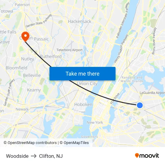 Woodside to Clifton, NJ map