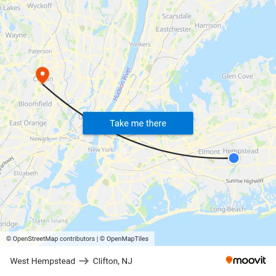 West Hempstead to Clifton, NJ map