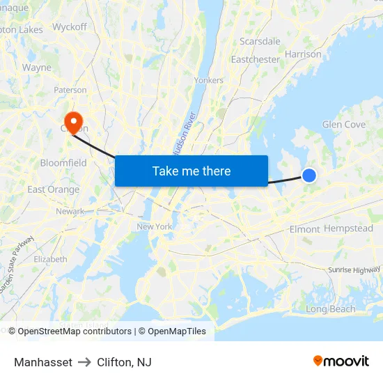 Manhasset to Clifton, NJ map