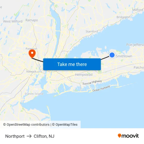 Northport to Clifton, NJ map