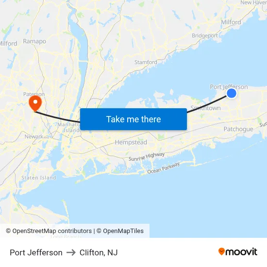 Port Jefferson to Clifton, NJ map