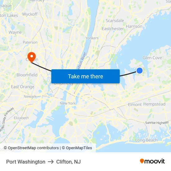 Port Washington to Clifton, NJ map