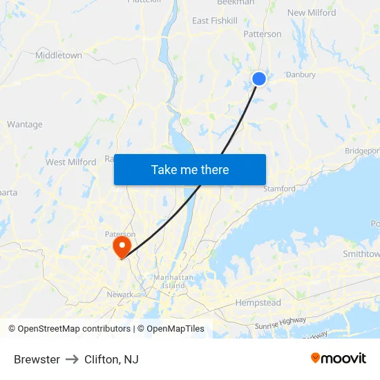 Brewster to Clifton, NJ map
