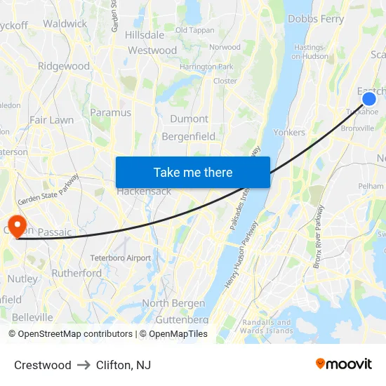 Crestwood to Clifton, NJ map