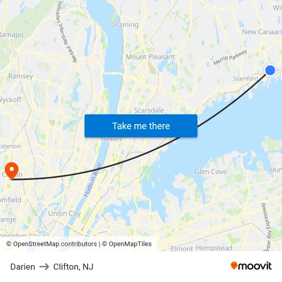 Darien to Clifton, NJ map