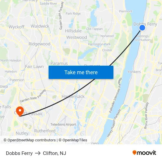 Dobbs Ferry to Clifton, NJ map