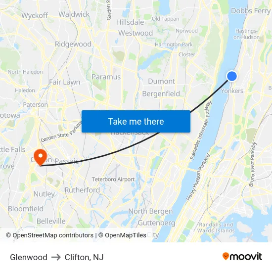 Glenwood to Clifton, NJ map