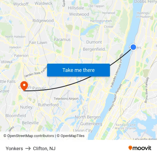 Yonkers to Clifton, NJ map