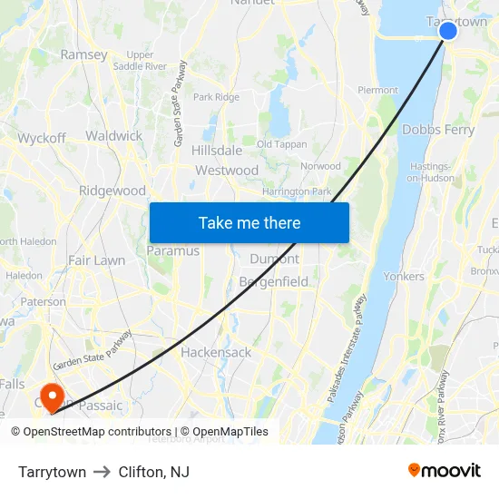 Tarrytown to Clifton, NJ map
