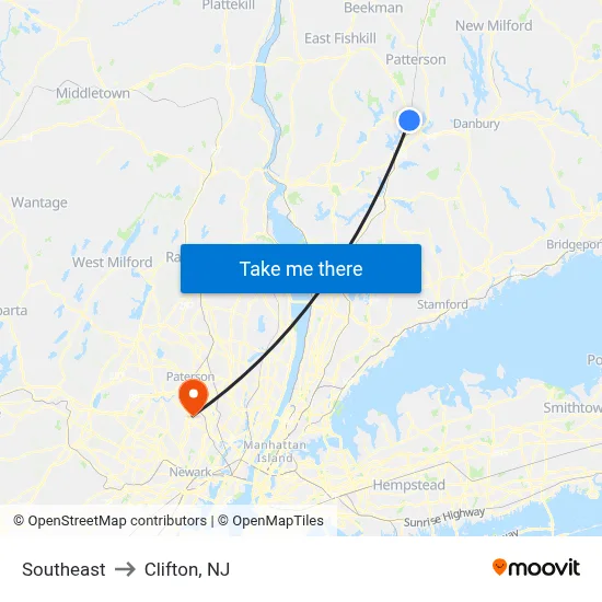 Southeast to Clifton, NJ map