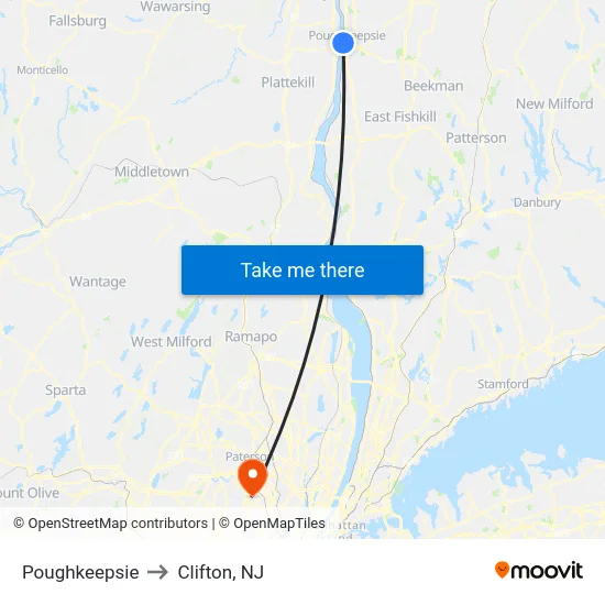 Poughkeepsie to Clifton, NJ map