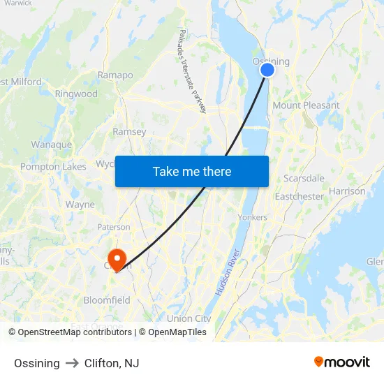 Ossining to Clifton, NJ map