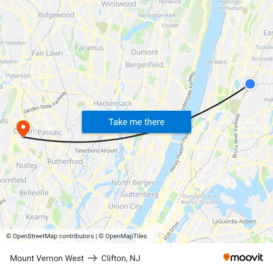 Mount Vernon West to Clifton, NJ map