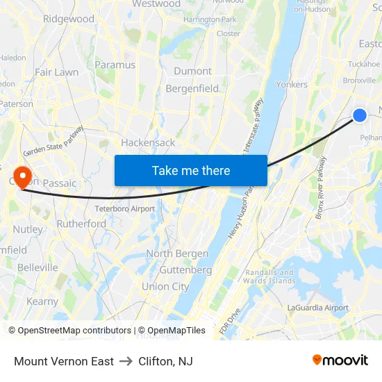Mount Vernon East to Clifton, NJ map