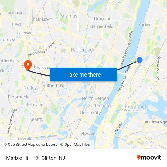 Marble Hill to Clifton, NJ map