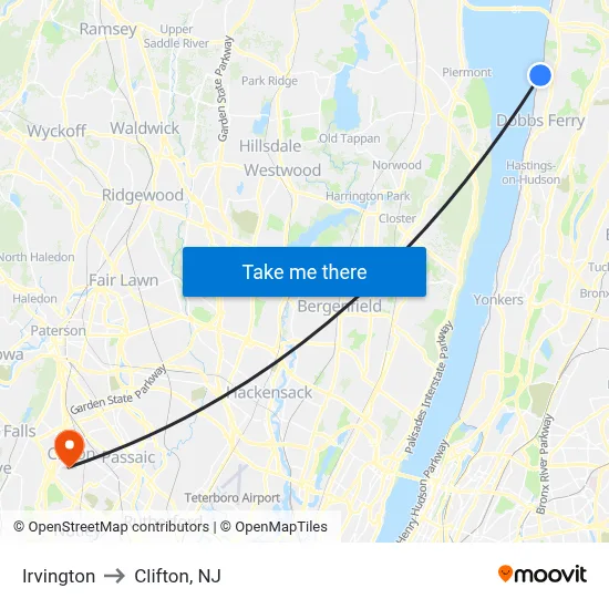 Irvington to Clifton, NJ map