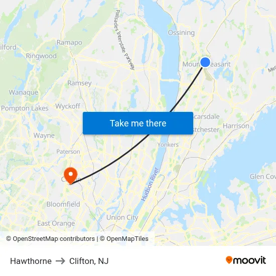 Hawthorne to Clifton, NJ map