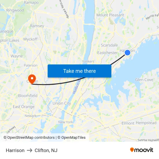 Harrison to Clifton, NJ map