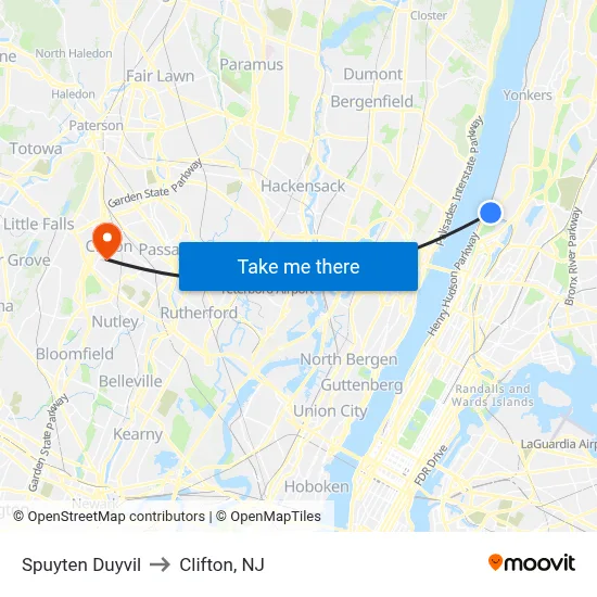 Spuyten Duyvil to Clifton, NJ map