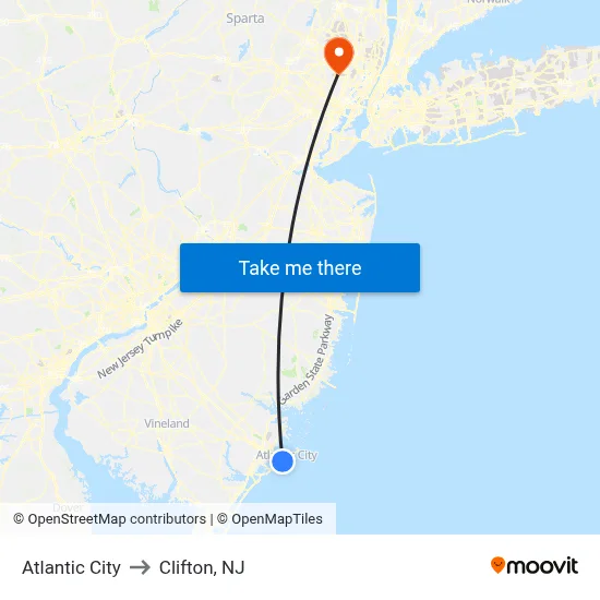 Atlantic City to Clifton, NJ map