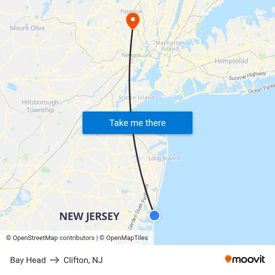 Bay Head to Clifton, NJ map
