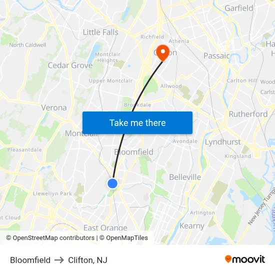 Bloomfield to Clifton, NJ map