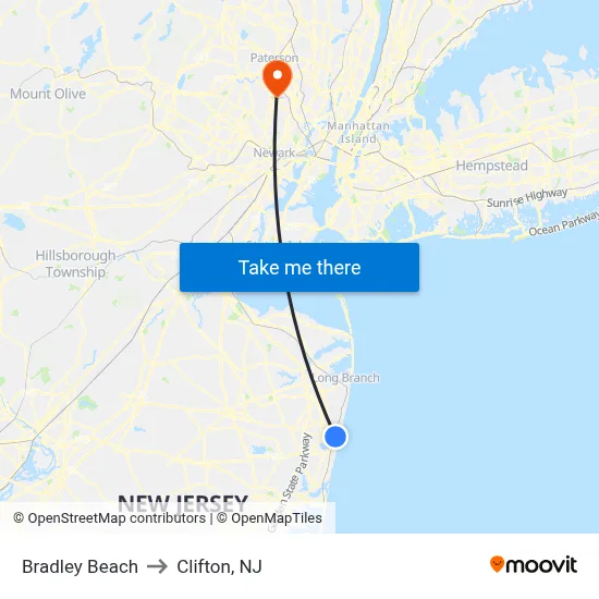 Bradley Beach to Clifton, NJ map
