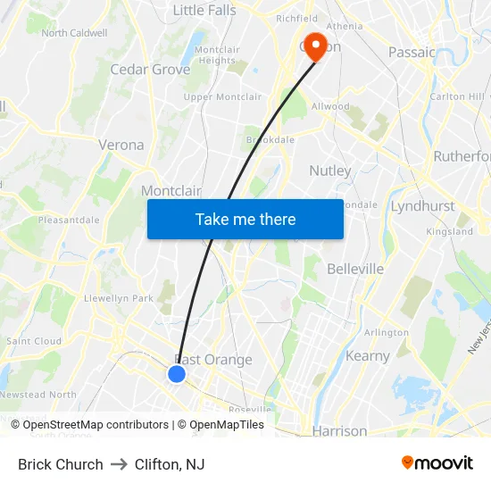 Brick Church to Clifton, NJ map