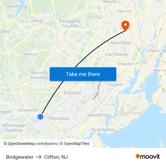Bridgewater to Clifton, NJ map