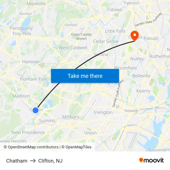 Chatham to Clifton, NJ map