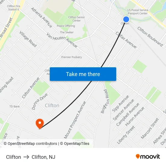 Clifton to Clifton, NJ map