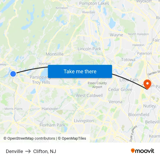 Denville to Clifton, NJ map