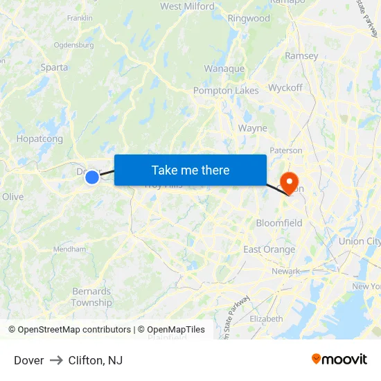 Dover to Clifton, NJ map