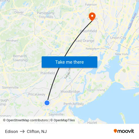 Edison to Clifton, NJ map