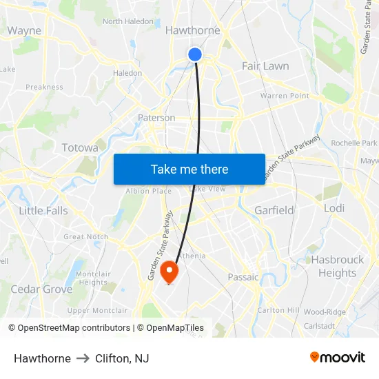 Hawthorne to Clifton, NJ map