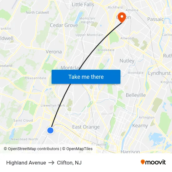 Highland Avenue to Clifton, NJ map