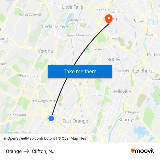 Orange to Clifton, NJ map