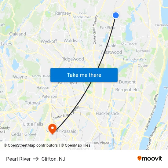 Pearl River to Clifton, NJ map