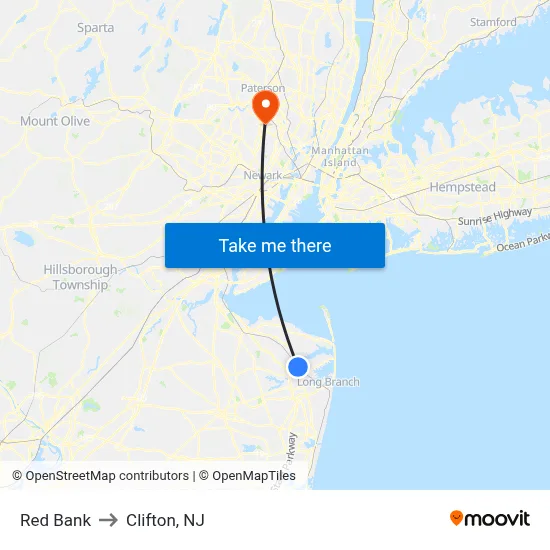 Red Bank to Clifton, NJ map