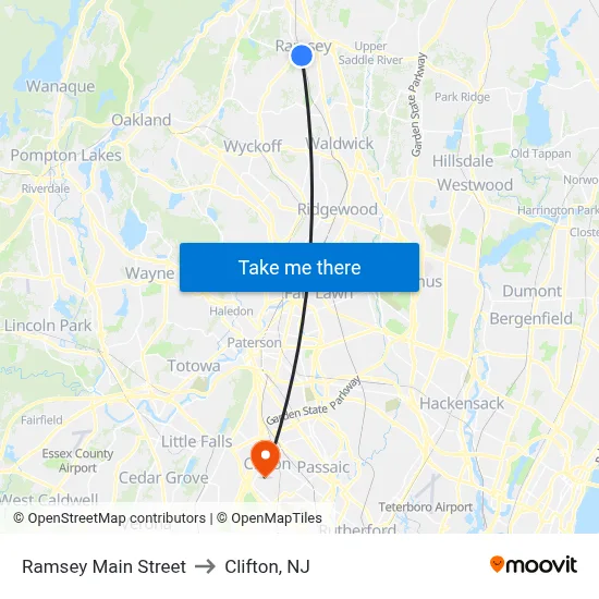 Ramsey Main Street to Clifton, NJ map