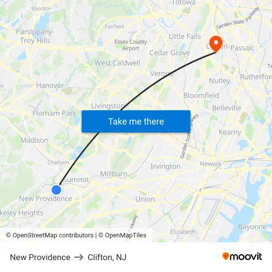 New Providence to Clifton, NJ map