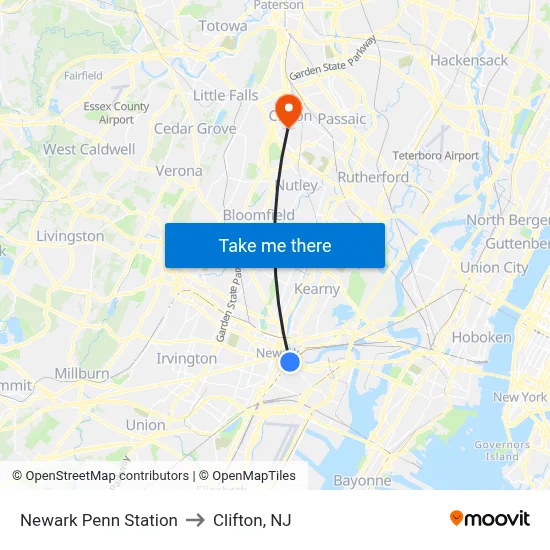 Newark Penn Station to Clifton, NJ map