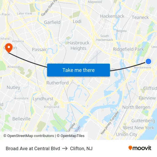 Broad Ave at Central Blvd to Clifton, NJ map