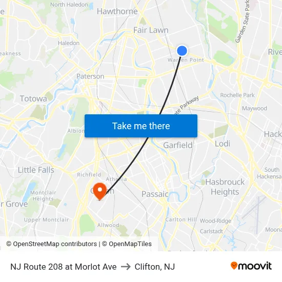 NJ Route 208 at Morlot Ave to Clifton, NJ map