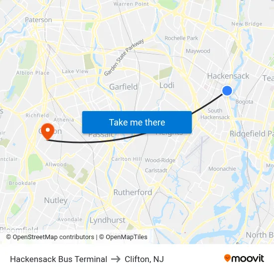 Hackensack Bus Terminal to Clifton, NJ map